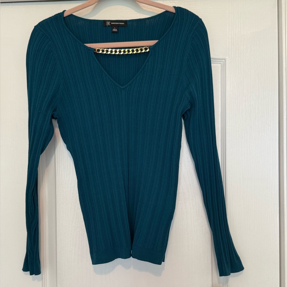 INC International Concepts Blue Ribbed Fitted Blouse